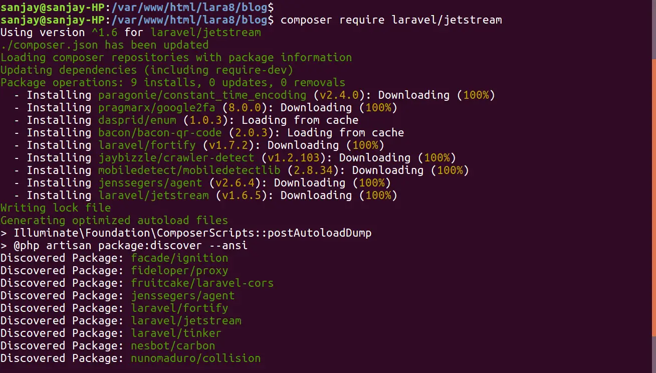 Composer require laravel. MPV Linux. Linux x86_64. Linux Elasticsearch. Laravel Jetstream.