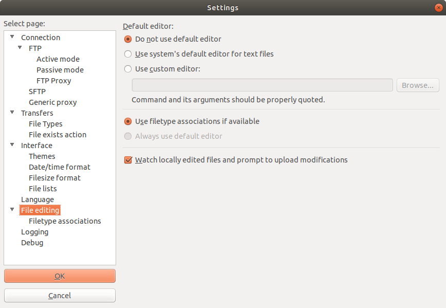 change default text editor ubuntu filezilla